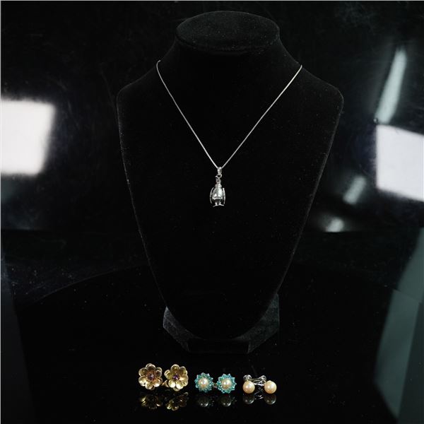 4pc Sterling Silver Necklace with Penguin Pendant and Earring Set