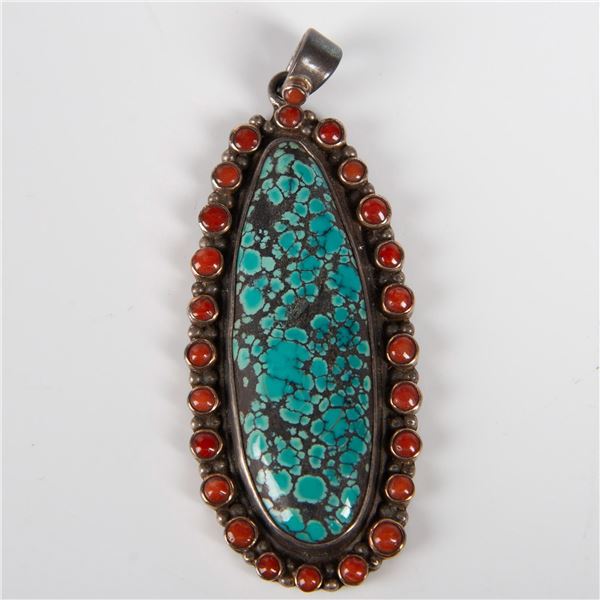 Tibetan Silver Coral and Turquoise Oval Pendant