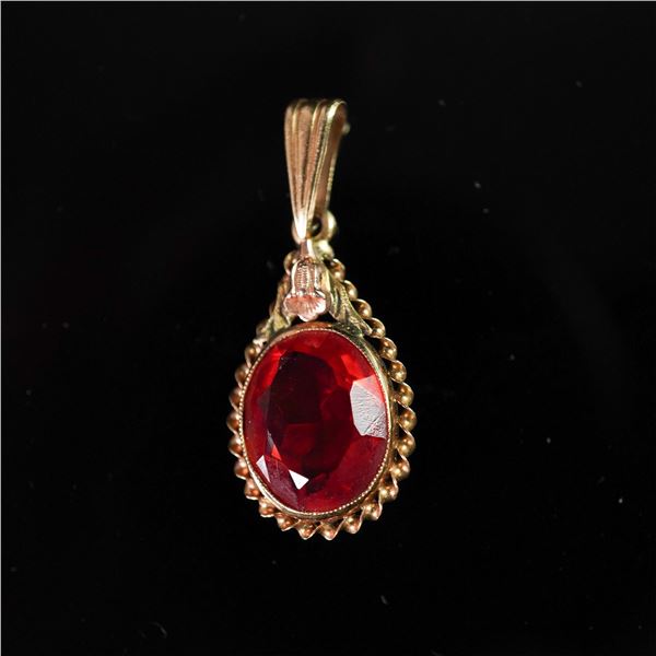 10K Gold Pendant with Red Simulated Gemstone