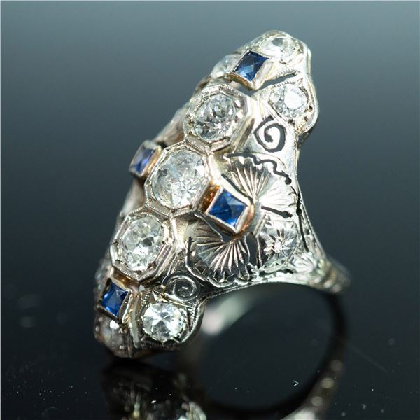 18K White Gold Diamond and Blue Stone Filigree Ring
