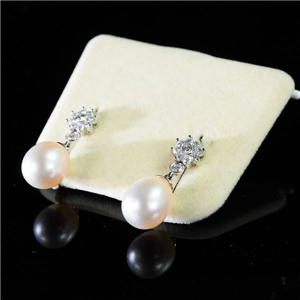 Pair of Pearl Drop Earrings with Diamond Accents