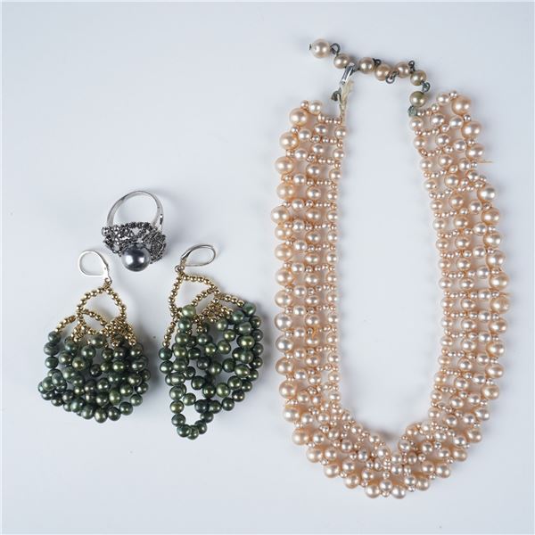 4pc Faux Pearl Jewelry Lot, Necklace, Earrings, and Ring