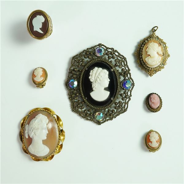 6pc Vintage Cameo Jewelry Set, Brooches, Earrings, and Ring