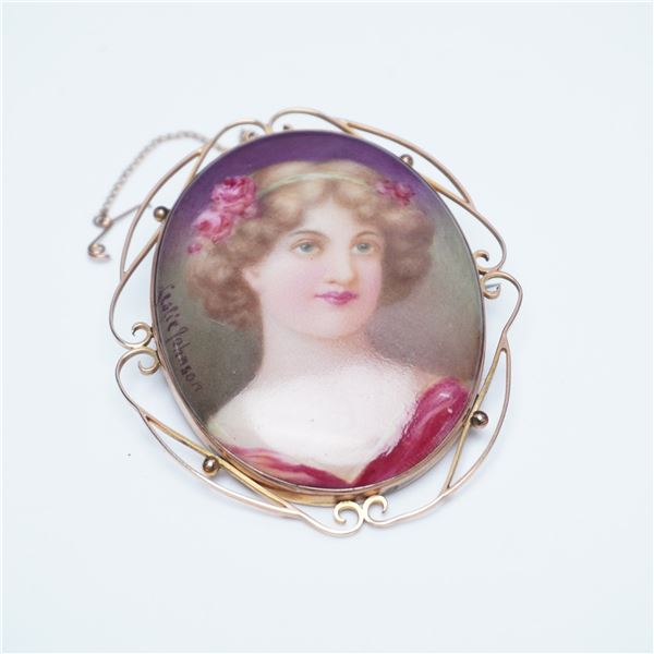 9K Gold Hand-Painted Portrait Brooch by Leslie Johnson