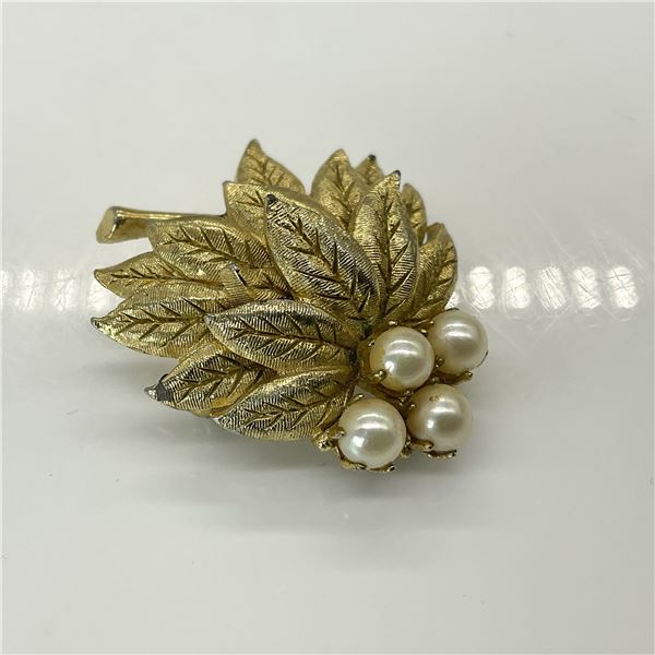 Vintage Brushed Gold Toned and Faux Pearl Leaf Brooch