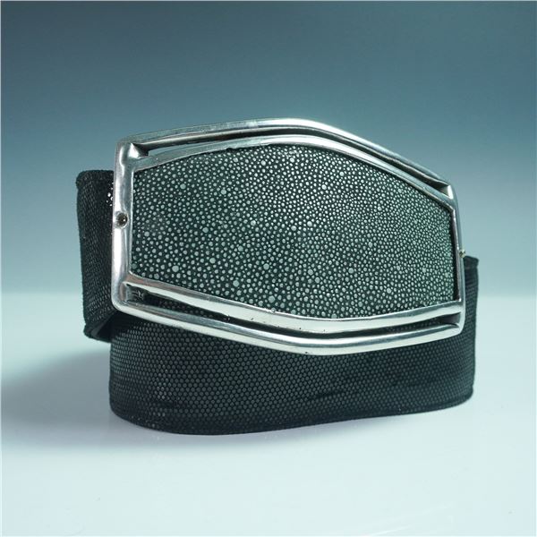 Connie Bates Women's Black Faux Reptile Leather Belt with Statement Buckle