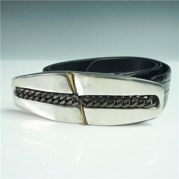 Connie Bates Women's Black Leather Belt with Heavy Metal Chain-Inset Buckle