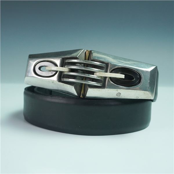 Connie Bates Women's Black Leather Belt with Silver-Tone Art Deco Buckle