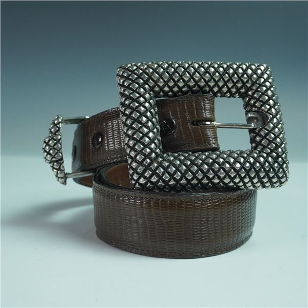 Connie Bates Women's Fahrenheit Brown Leather Belt w/Textured Metal Buckle