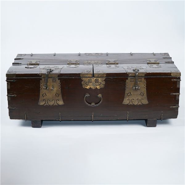 19th-Century Korean Coin Chest with Iron and Brass Hardware
