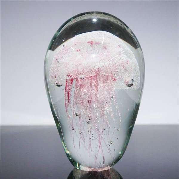 Art Glass Paperweight, Pink Jellyfish Design