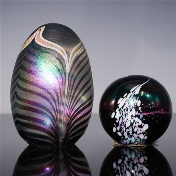 2pc Art Glass Paperweight Set, Balos and Iridescent Swirl