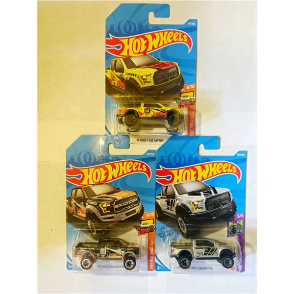 LOT OF 3 HOT WHEELS 2O17 FORD F-150 RAPTORS