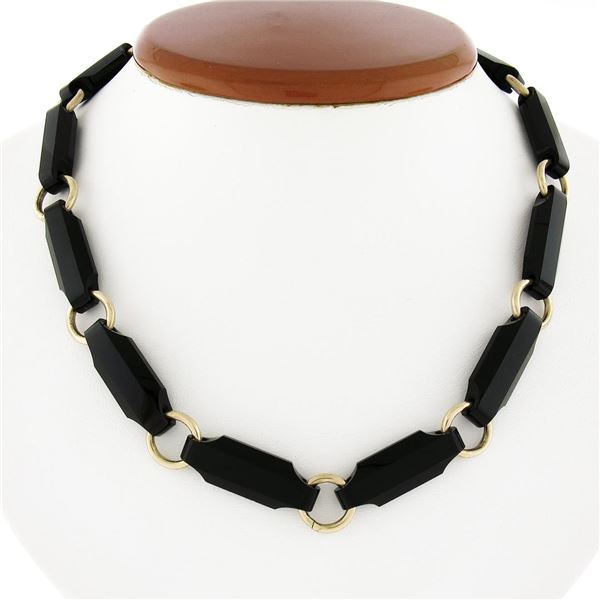 Antique Victorian 14K Gold Alternating Reddish Black Stone & Round Link Necklace