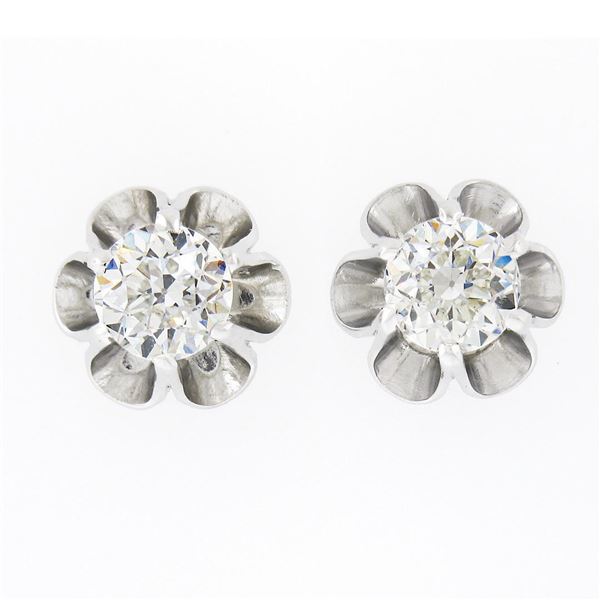 NEW 14K White Gold 0.85 ctw European Diamond Buttercup Prong Flower Stud Earring