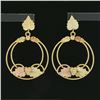Image 2 : 10k Two Tone Gold Etched Textured Grape Leaf Open Circle Drop Dangle Earrings