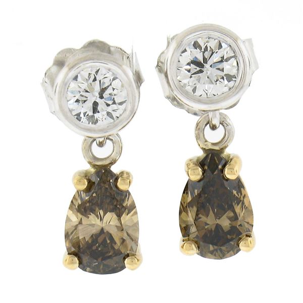 New 14K TT Gold 1.42 ctw Fancy Brown & White Diamond Tear Drop Dangle Earrings