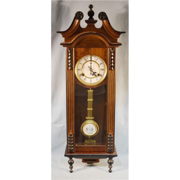 31-day wall clock, wood case, 31" x 11" x 6", with key, working condition