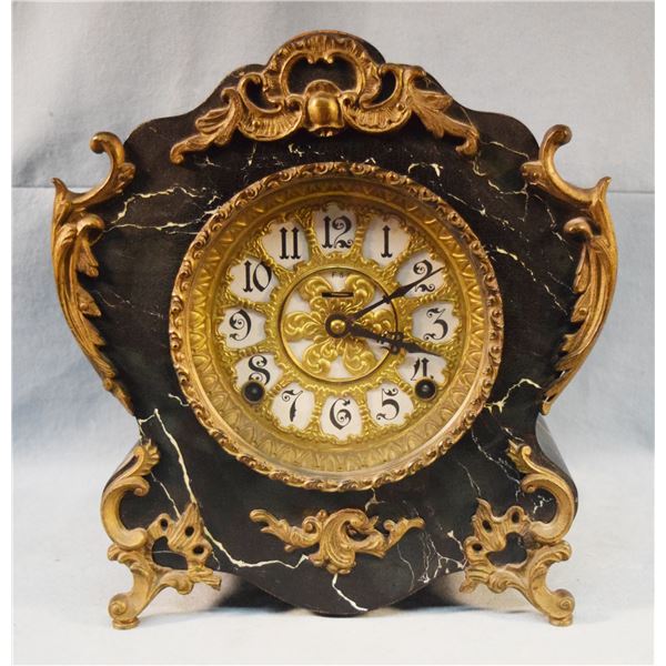 Irish 8-day mantle clock, maker sticker partially torn, 11" x11" x 6", patent 1898