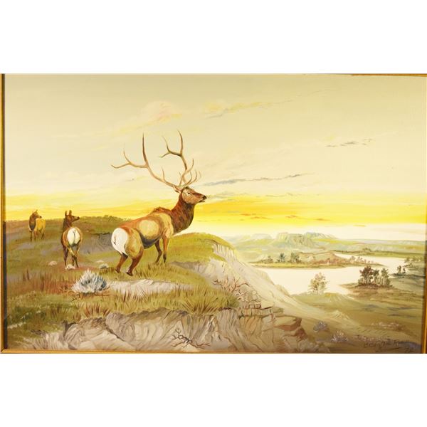 Cuts The Rope, Clarence, oil on canvas, Elk Bull, 244" x 36", framed lower right, 1972