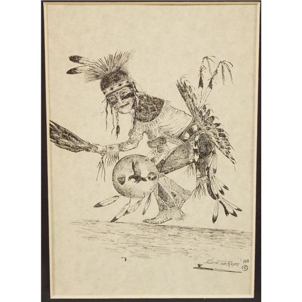 Cuts The Rope, Clarence, pen/ink, Indian Dancer, 6.5" x 4.5", framed, signed lower right, 1988