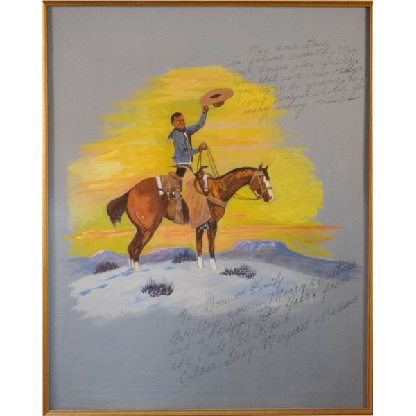 Cuts the Rope, Clarence, oil on board, Merry Christmas Cowboy on Horse, 20" x 16", framed, handwritt