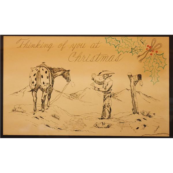 Cuts the Rope, Clarence, pen & ink with watercolor,Cowboy with Horse at Mailbox, 13" x 12.5", framed