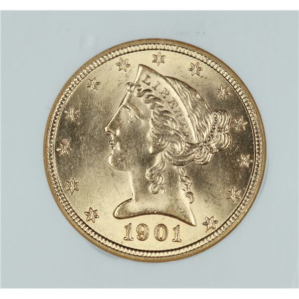 1901 $5 gold Coronet, NGC MS64, est. $1500