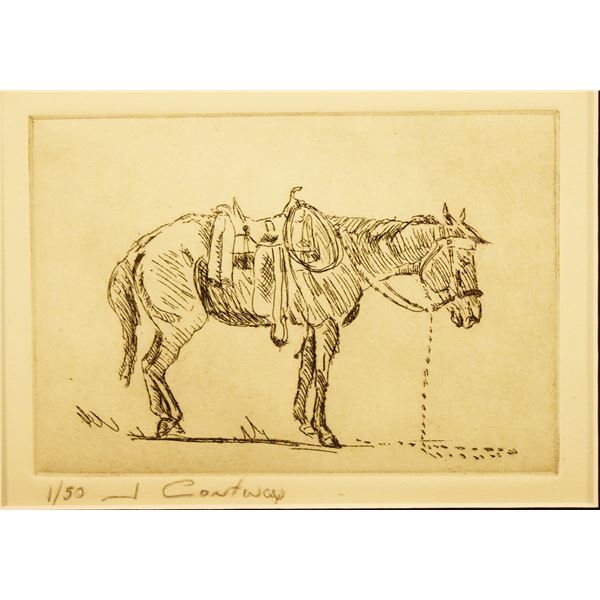 Contway, Jay (1935-2019), limited edition etching, Saddle Horse, 4" x 5.5", framed, signed lower lef