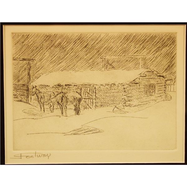 Contway, Jay (1935-2019) open edition print, Angus Monroe's Barn,  5.5" x 7.5", framed, signed lower