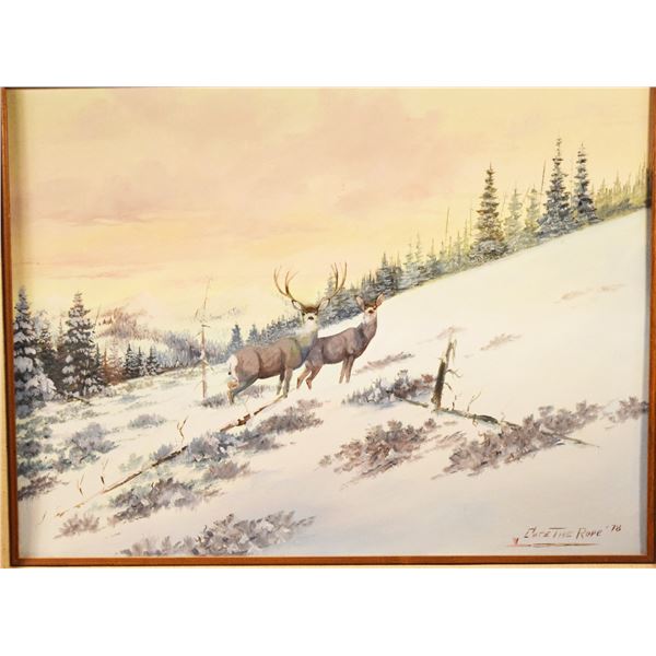 Cuts The Rope, Clarence, oil on board, Mule Deer, 18" x 24", framed, signed lower right, 1978