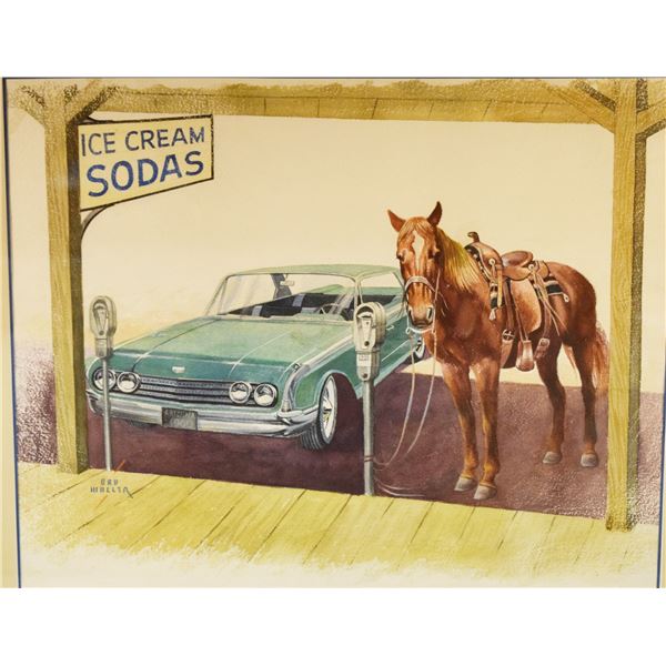 Muller, Dan, watercolor & gouache, Ice Cream Sodas, 17” x 22.5”, framed, signed m