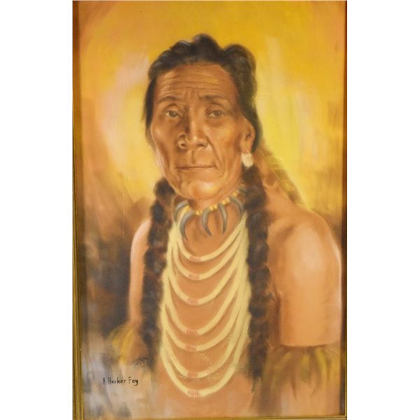 Hooker Fay, Arlene, pastel, Indian Man with Beaded Necklace, 19" x 13", framed.
