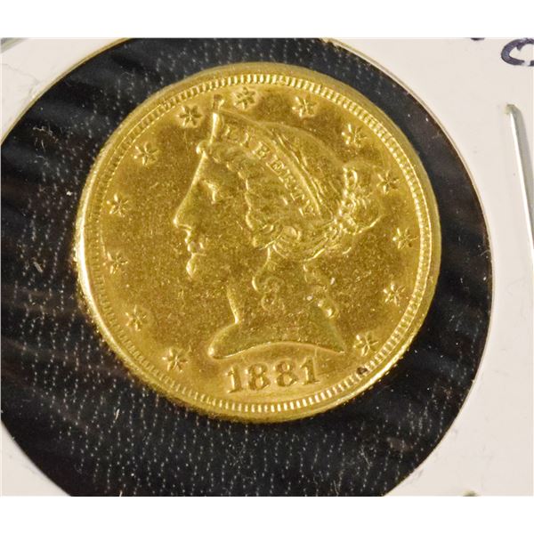 1881 $5 gold Coronet coin, ungraded
