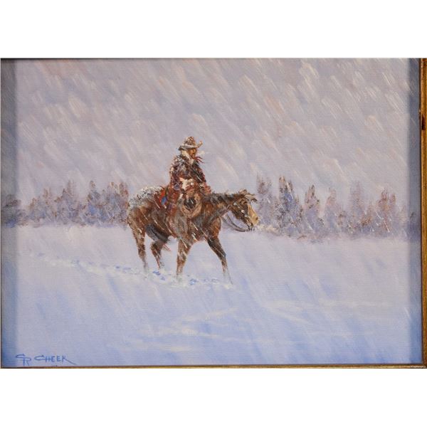 Cheek, C. R., oil on board, Cowboy With Calf, 9" x 12", framed, signed lower left, 1998