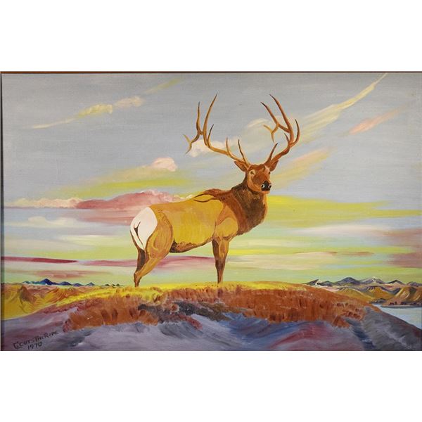 Cuts The Rope, Clarence, oil on canvas, Breaks Bull Elk, 24" x 36", framed, signed lower left, 1970