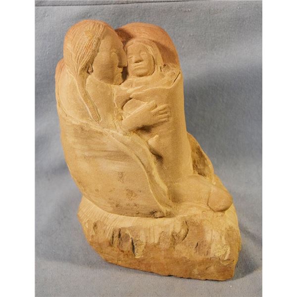 Chopwood, Hank (Hays, MT), stone sculpture, Indian Maiden with Child in Cradle Board, 8" x 7" x 5.5"