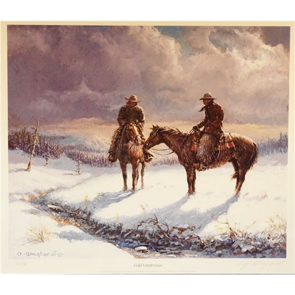 Wieghorst, Olaf, print, Cold Conference, 16.5" x 19.5", framed, signed & numbered lower right, #850/