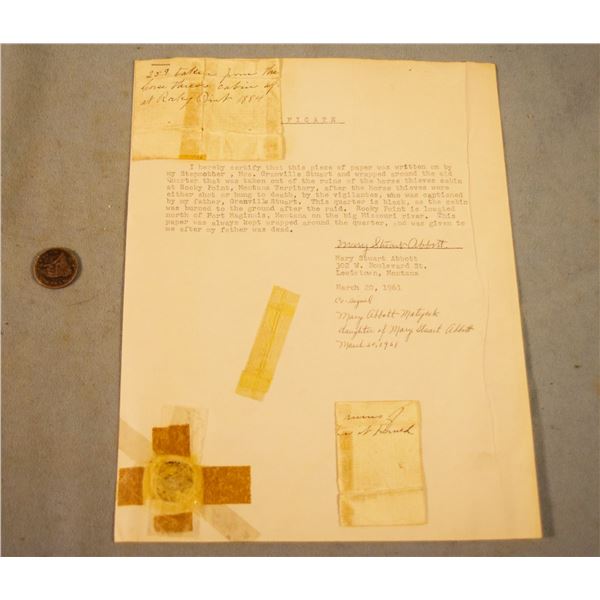 Billy Downs cabin coin, found at Rocky Point, M. T. Found by Granville Stuart.