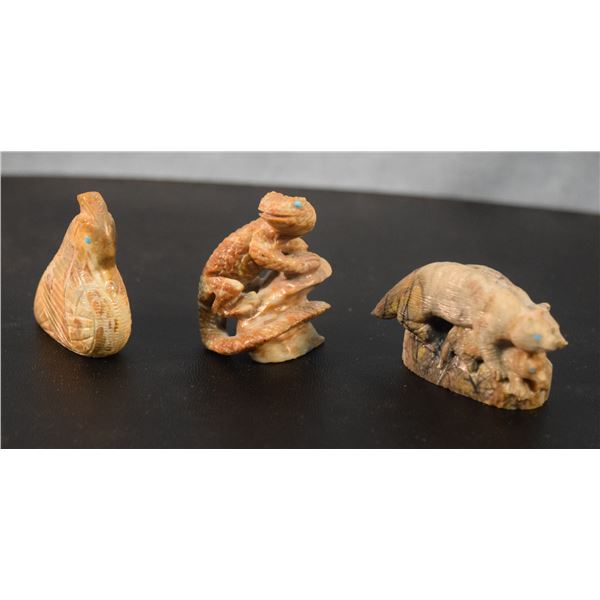 (3) Hand carved Fetishes: Alabaster Fox Family by Colin Weeka (Zuni), 2.25" long with turquoise acce