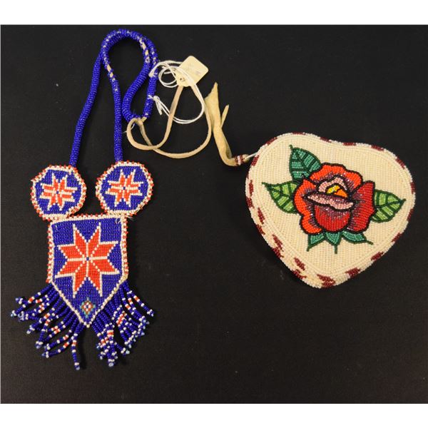 2 pcs: Shoshone beaded heart shaped coin bag, 4.5" x 4.5", circa 1960s & Shoshone beaded necklace, 1