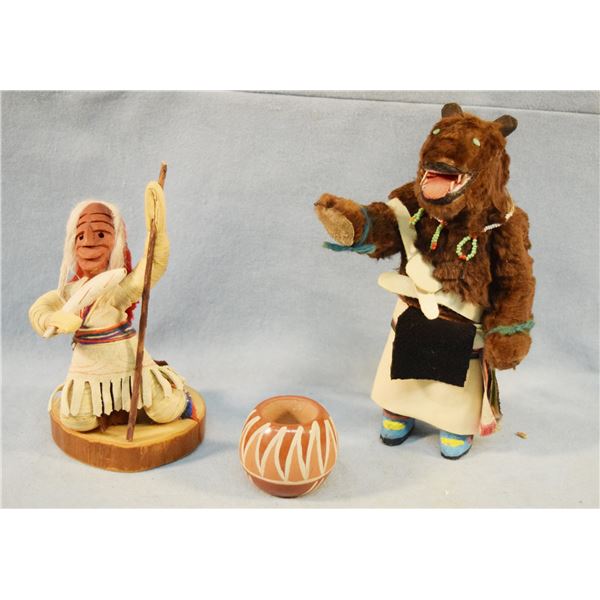 3 pcs: Bear Kachina, 8" tall, unsigned, circa 1950; Iroquois Doll, 6" tall " x on wooded base, unsig