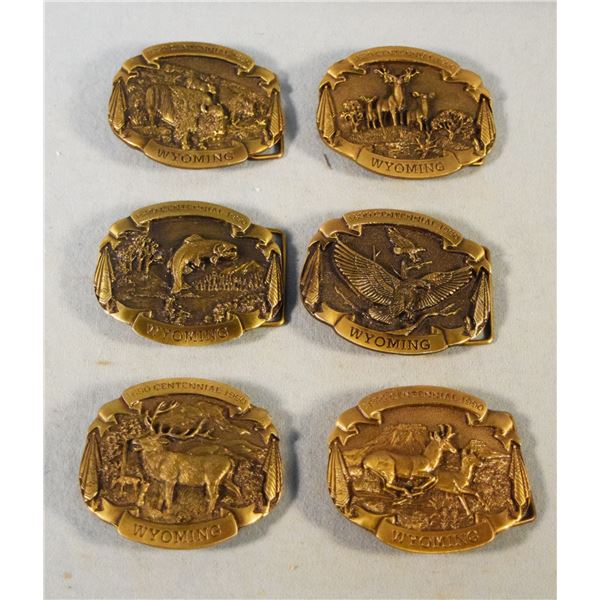 (6) Wyoming Centennial Collector's Belt Buckles, solid bronze, all #141/3000, pronghorn, elk, bald e