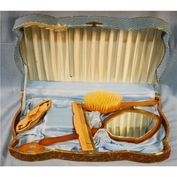 Vintage celluloid ladies hair care set: brush, comb, scissors & mirror, all in original case