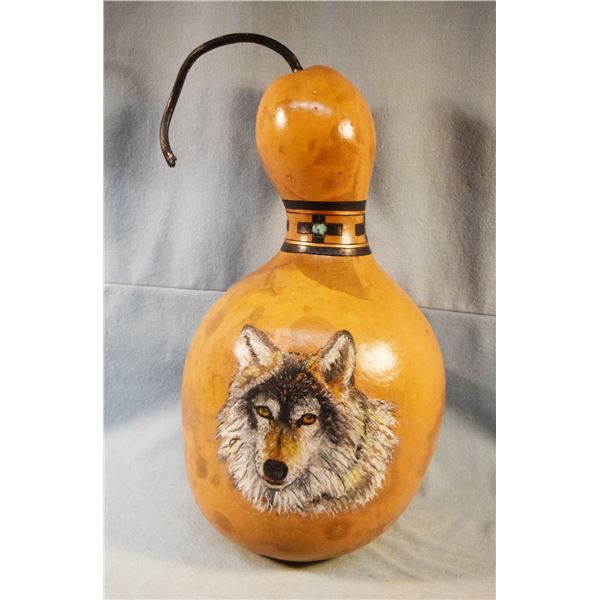 Madariaga, Shelly, hand painted gourd, Wolf, 17.5" tall, signed, 2003