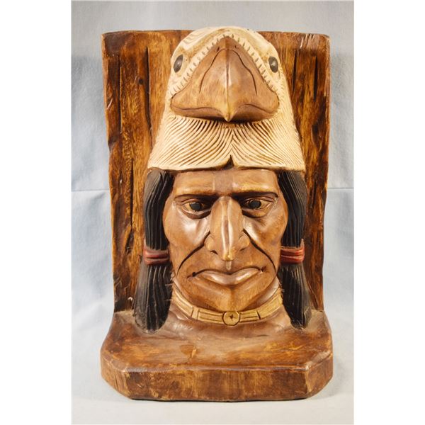 Vintage wood carving Indian head and eagle, 16" x 11" x 9"
