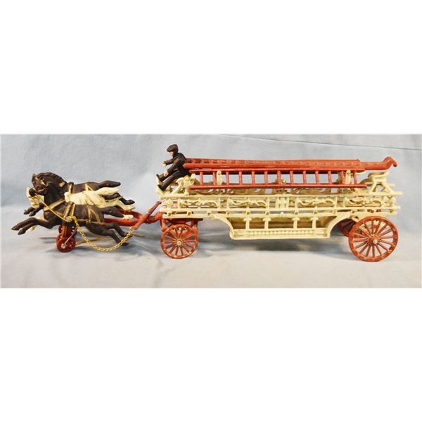 Vintage cast iron horse drawn fire wagon, 8.5" x 27.5" x 6.5"