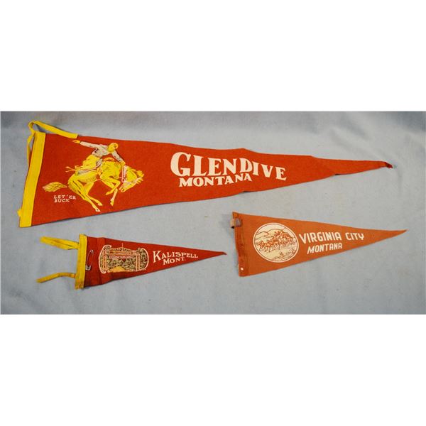 (3) Vintage Montana town pennants: Virginia City, Glendive & Kalispell