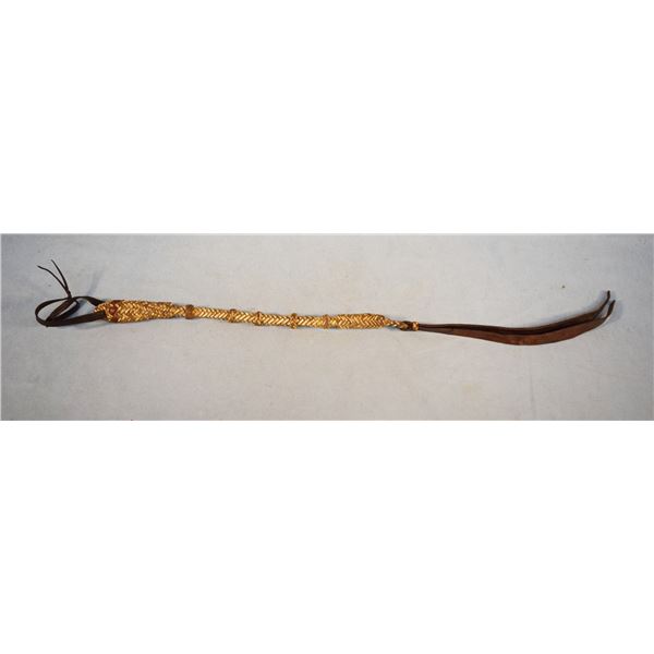 2 pcs: Braided rawhide quirt, 2 tone leather, braided knots & braided leather roping rein, approx. 9
