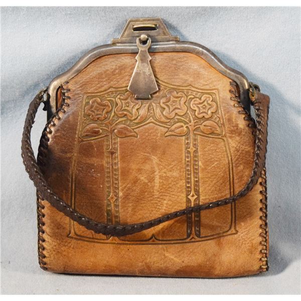 Floral tooled leather purse w/ sterling silver trim, ca.1800's, 6" x 5.5", excellent condition